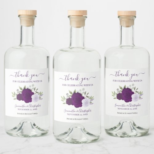 Purple Boho Watercolor Roses Wedding Thank You Liquor Bottle Label