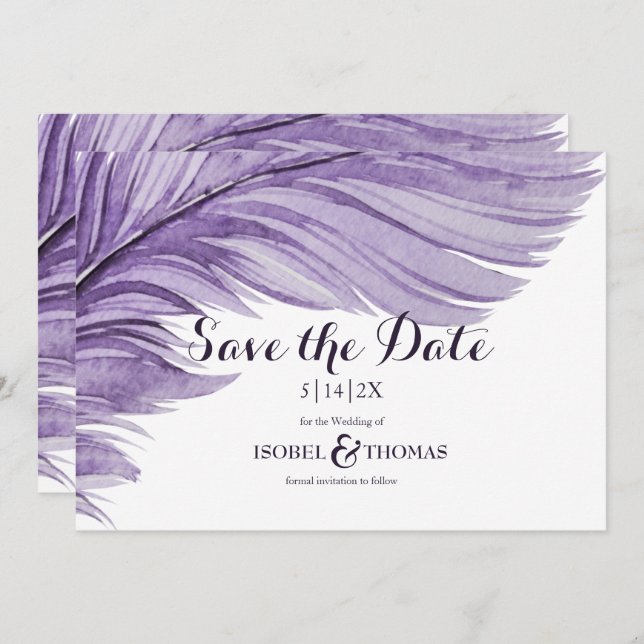 Purple Boho Watercolor Whimsical Feather Wedding Save The Date (Front/Back)