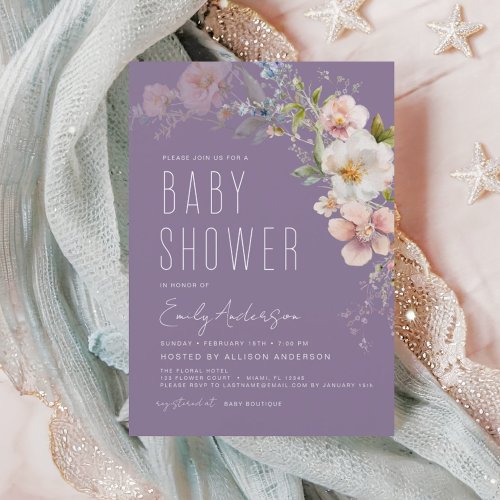 Purple Boho Wildflower Baby Shower Invitation