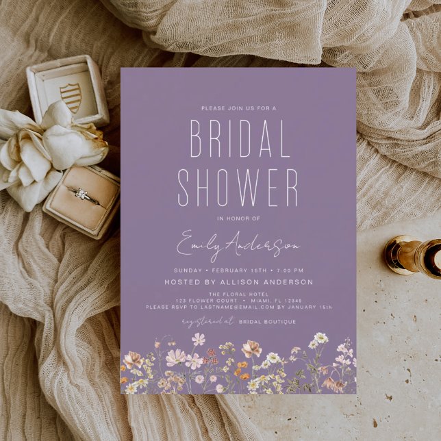 Purple Boho Wildflower Bridal Shower Elegant Invitation (Creator Uploaded)