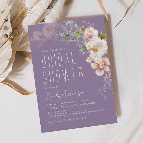 Purple Boho Wildflower Bridal Shower Elegant Invitation