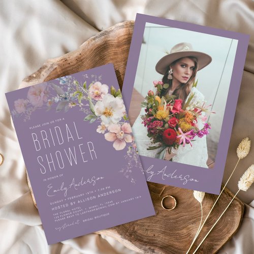 Purple Boho Wildflower Bridal Shower Photo Invitation