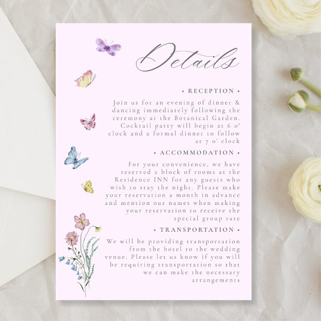 Purple Boho Wildflower Butterfly Wedding Details Enclosure Card (Creator Uploaded)
