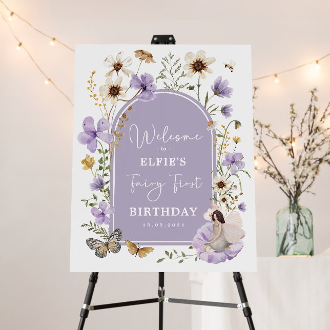 Purple Boho Wildflower Fairy 1st Birthday Party Foam Board (In Situ (Stand))