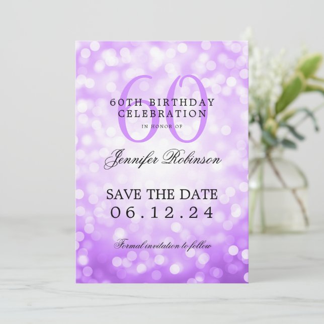 Purple Bokeh 60th Birthday Save the Date  Invitation (Standing Front)