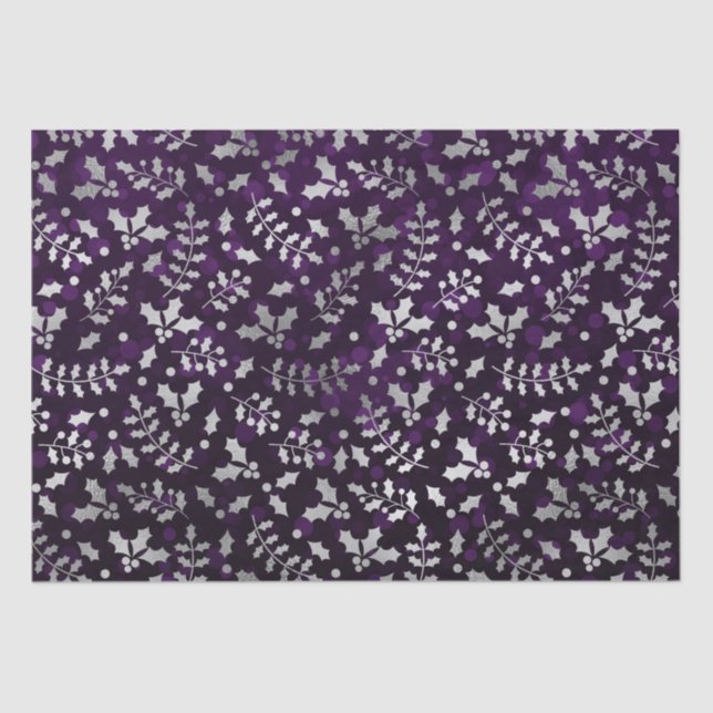 Purple Bokeh and Silver Foil Christmas Holly Tissue Paper (Front)