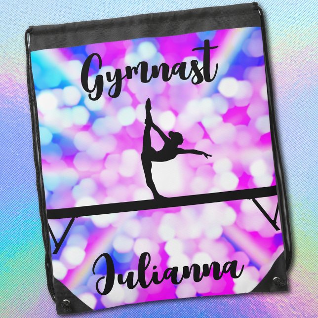 Purple Bokeh Blast Gymnastics Beam Personalized    Drawstring Bag (💜🎒 Bokeh Beam Bag for Gymnast – Pack Your Power in Style ✨🤸‍♀️)