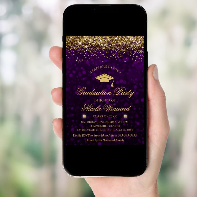 Purple Bokeh & Gold Glitter Graduation Party Invitation (Front Digital)
