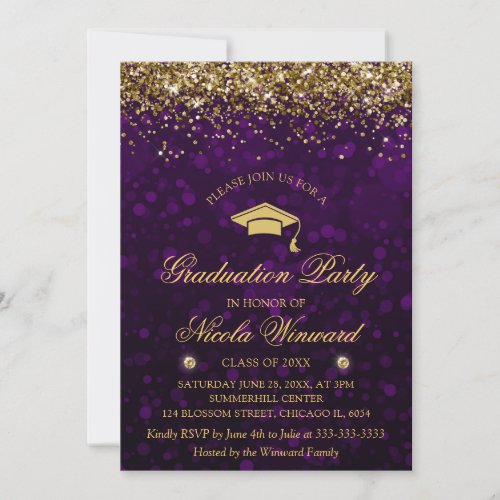 Purple Bokeh  Gold Glitter Graduation Party Invitation