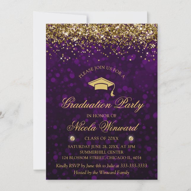 Purple Bokeh & Gold Glitter Graduation Party Invitation (Front)
