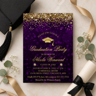 Purple Bokeh & Gold Glitter Graduation Party Invitation