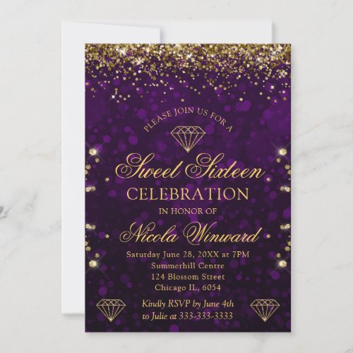 Purple Bokeh  Gold Glitter Sweet 16 Invitation