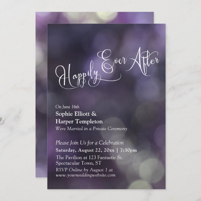 Purple Bokeh Light "Happily Ever After" Typography Invitation (Front/Back)