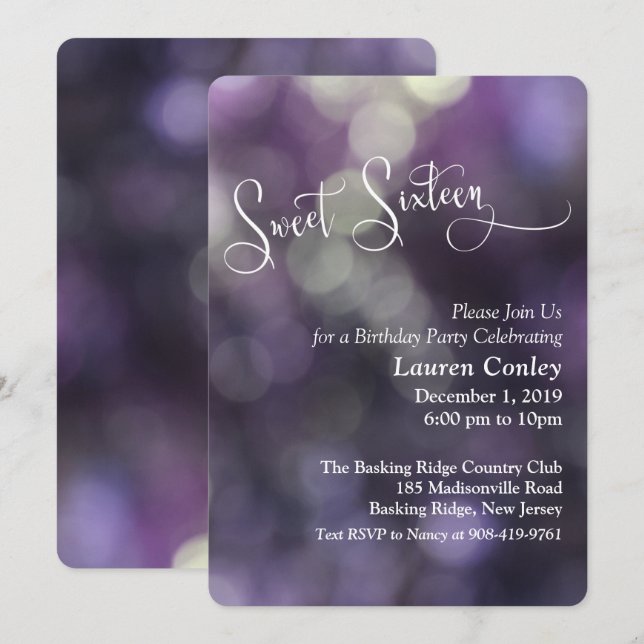 Purple Bokeh Light Sweet Sixteen 3 Invitation (Front/Back)