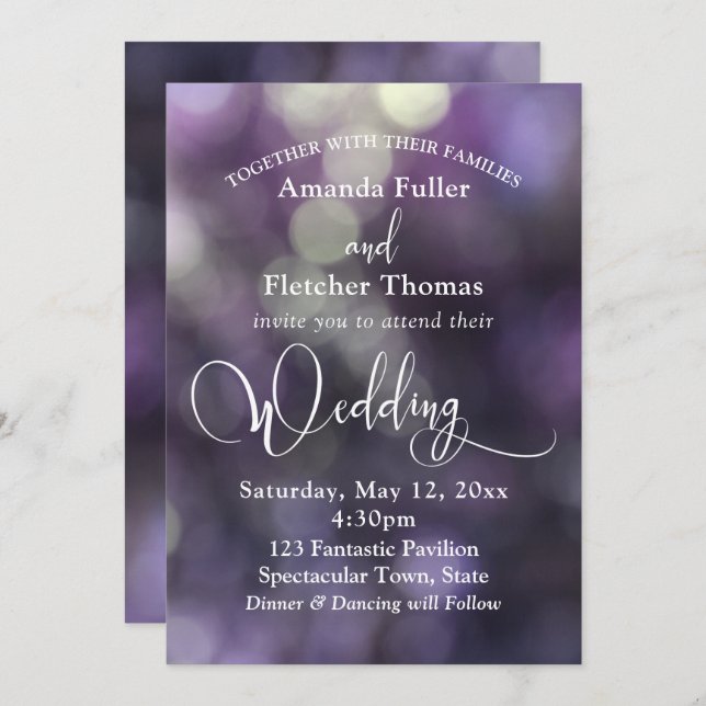 Purple Bokeh Light & Typography 32 Wedding 3 Invitation (Front/Back)
