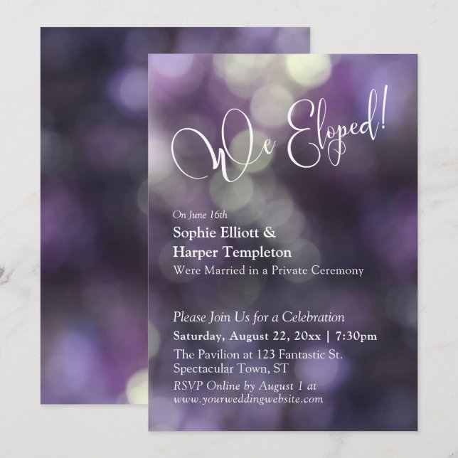 Purple Bokeh Light & "We Eloped" Typography Invitation (Front/Back)