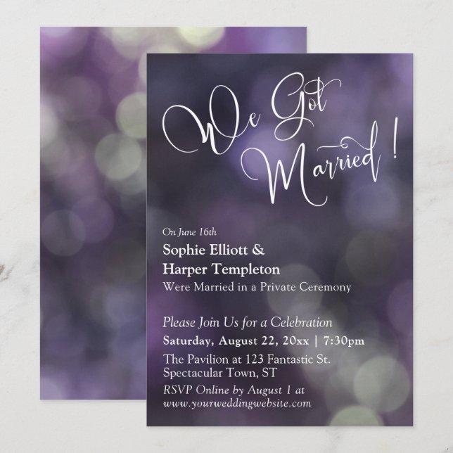 Purple Bokeh Light & "We Got Married" Typography Invitation (Front/Back)