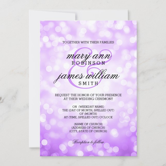 Purple Bokeh Lights Elegant Wedding Invitation (Front)