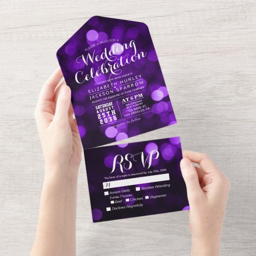 Purple Bokeh Sparkle Glitter Lights Wedding RSVP All In One Invitation