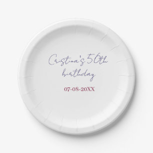 purple bold 50 birthday anniversary add name date paper plates