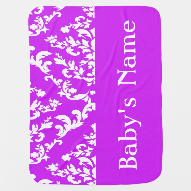 Purple Bold Damask w/ name @ Emporiomoffa Receiving Blanket (Front)