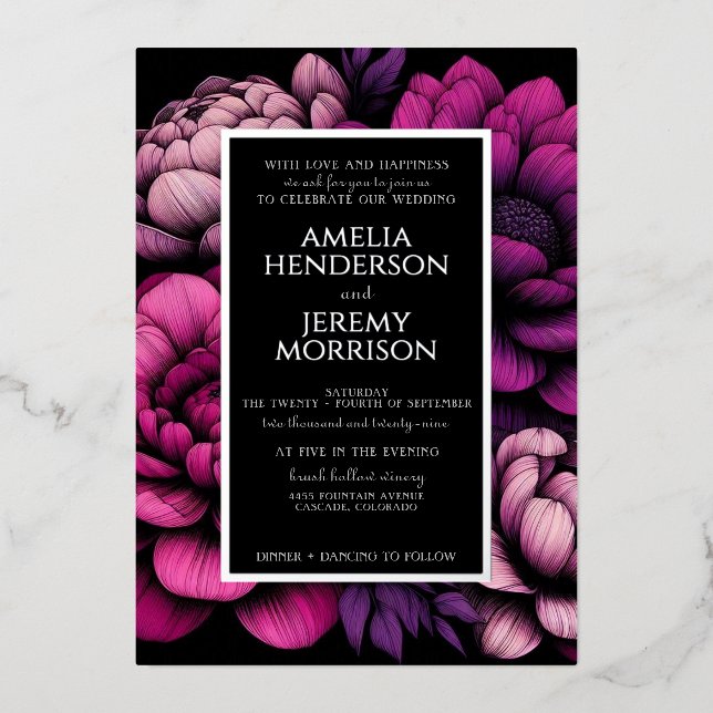 Purple Bold Floral Foil Invitation (Front)