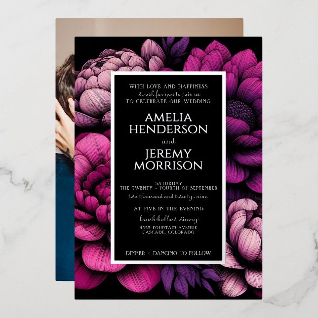 Purple Bold Floral with Photo Foil Invitation (Front/Back)