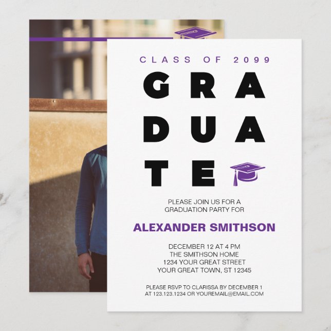 Purple Bold GRADUATE Letters and Cap Graduation Invitation (Front/Back)