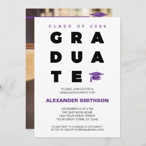 Purple Bold GRADUATE Letters and Cap Graduation Invitation