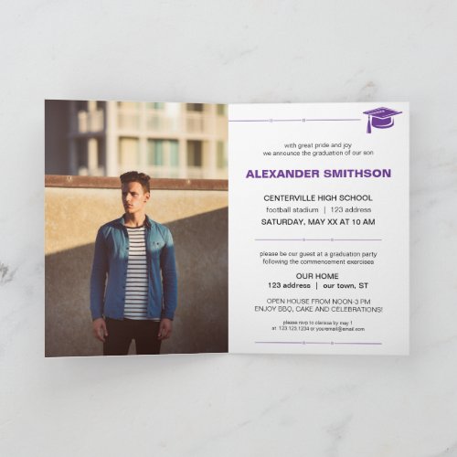 Purple Bold GRADUATE Letters and Cap Graduation Invitation