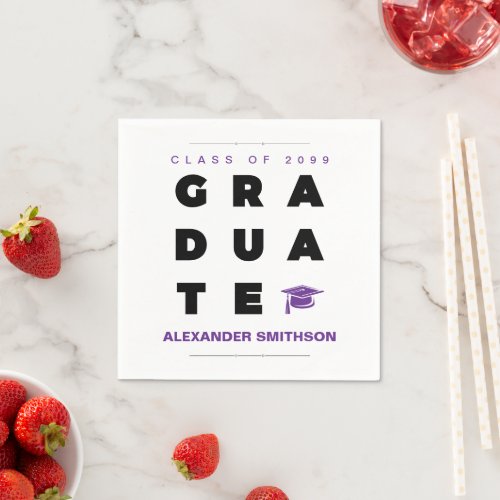 Purple Bold GRADUATE Letters and Cap Graduation Napkins