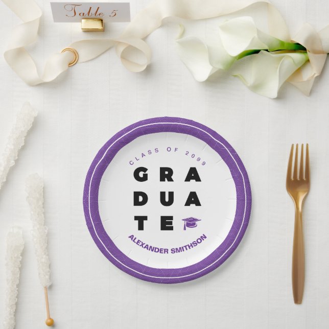 Purple Bold GRADUATE Letters and Cap Graduation Paper Plates (Wedding)