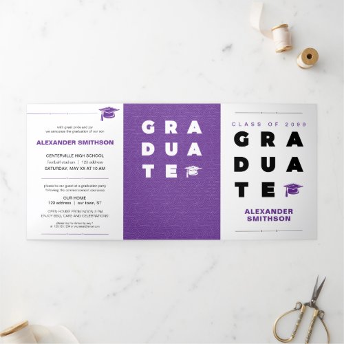 Purple Bold GRADUATE Letters and Cap Graduation Tri_Fold Announcement