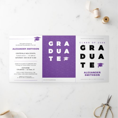 Purple Bold GRADUATE Letters and Cap Graduation Tri_Fold Announcement