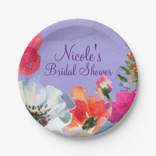 Purple Bold Painted Floral Pop Chic Bridal Shower Paper Plates