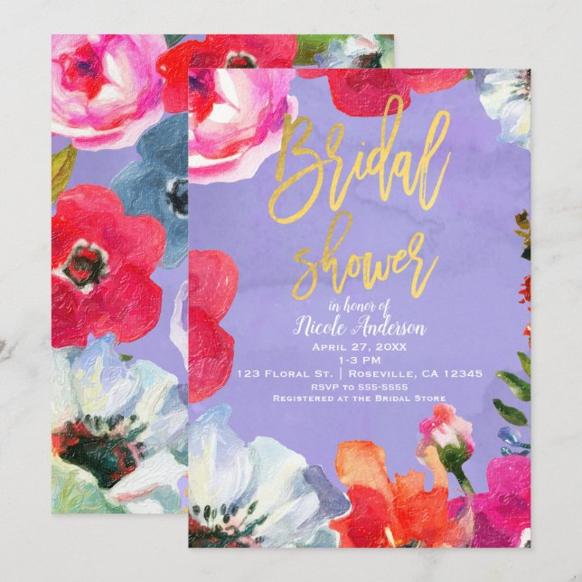 Purple Bold Painted Floral Pop Gold Bridal Shower Invitation (Front/Back)