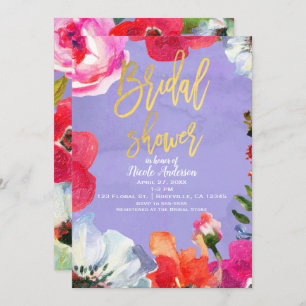 Purple Bold Painted Floral Pop Gold Bridal Shower Invitation
