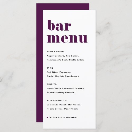 Purple Bold Retro Typography Wedding Bar Menu