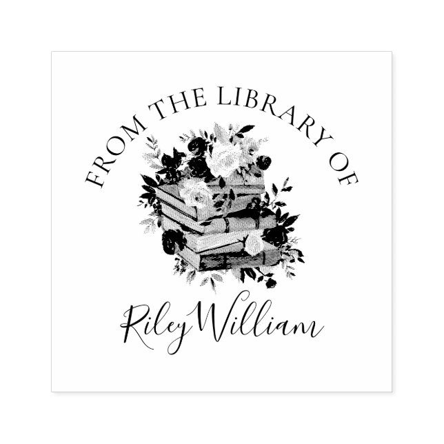 Purple Book and Roses Bookplate Rubber Stamp (Imprint)