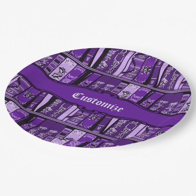 Purple Book Shelves Vintage Books Paper Plates (Angled)