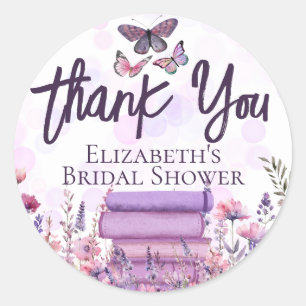 Purple Book Stack Wildflowers Butterflies Script Classic Round Sticker
