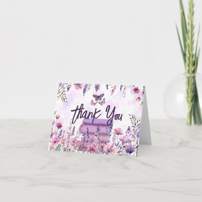 Purple Book Stack Wildflowers Butterflies Script Letterpress Thank You Card (Front)