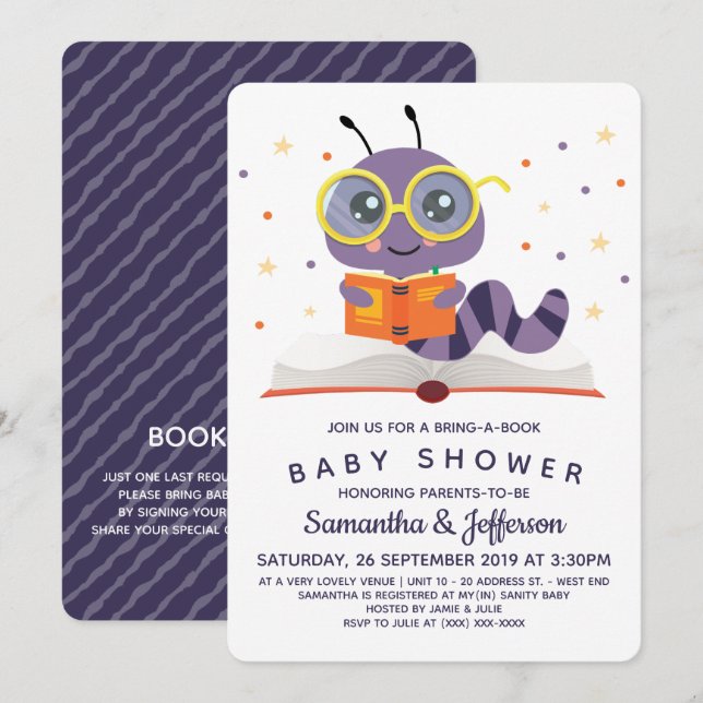 Purple Bookworm Book Baby Shower Invitation (Front/Back)