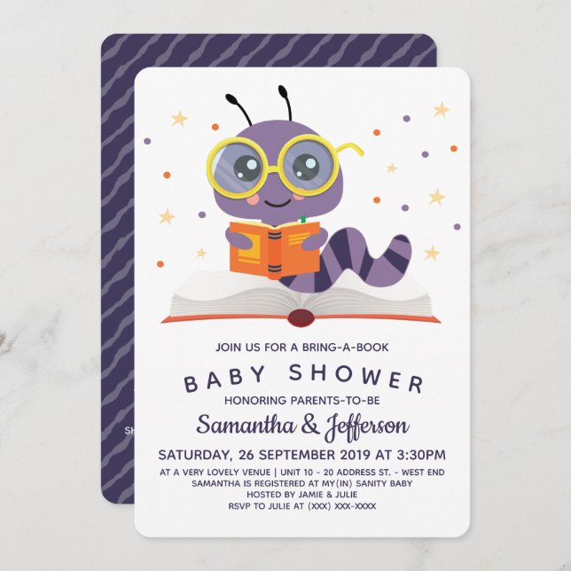 Purple Bookworm Book Baby Shower Invitation (Front/Back)