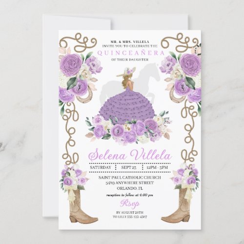 Purple Boots Roses Western Quinceaera Invitation