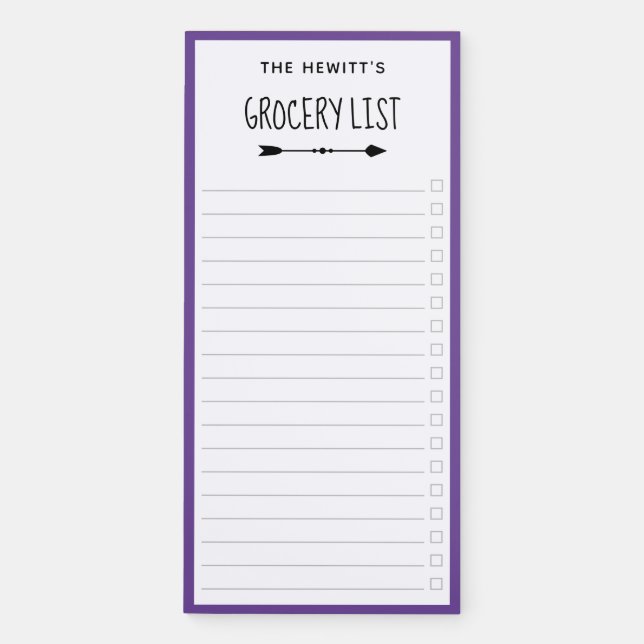 Purple Border & Arrows Checkbox Grocery List Magnetic Notepad (Front)