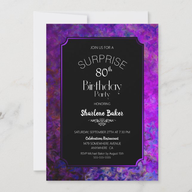 Purple Border Black Surprise 80th Birthday Party Invitation (Front)