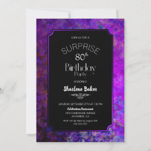 Purple Border Black Surprise 80th Birthday Party Invitation