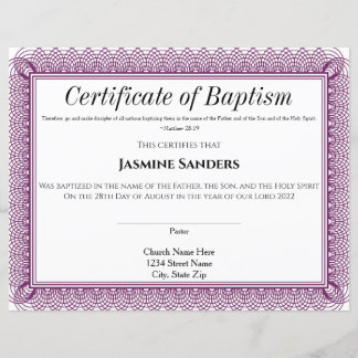 Purple Border Certificate of Baptism