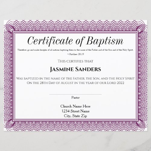 Purple Border Certificate of Baptism